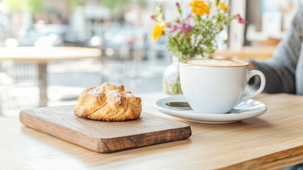 A rustic wooden board featuring friendly pastries in a cozy cafe setting, perfect for food photography.