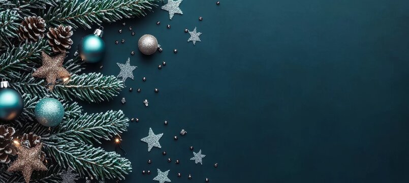 Teal Background with Festive Ornaments, Pine Branches, Stars, and Colorful Baubles for Holidays