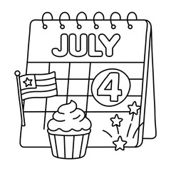 4th of July Calendar with Cupcake, Fireworks, and American Flag - Line Art Illustration