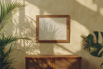 A rustic wooden frame mockup hanging on the wall, beige-colored walls with green plants and a vintage wood sideboard, a minimalist interior design of a modern home office room, space for text or a pos