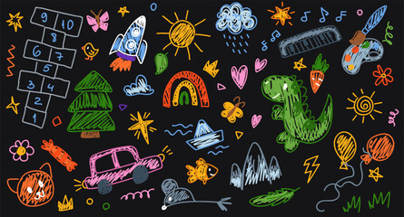 Kids doodle animal set, vector color pencil set: dinosaur, cat, rainbow, hopscotch and car illustration. Hand drawn cartoon scribble doodle drawings on black background © Foxelle