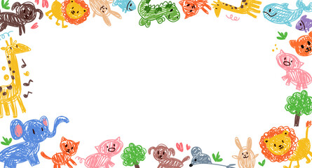 Colorful kindergarten crayon background with doodles drawn by colorful crayons. Childlike border frame with animals and childish drawings on paper. Vector illustration for certificate, diploma, poster