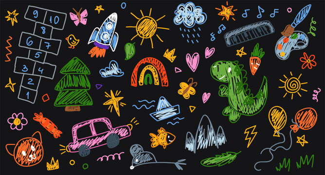 Kids doodle animal set, vector color pencil set: dinosaur, cat, rainbow, hopscotch and car illustration. Hand drawn cartoon scribble doodle drawings on black background