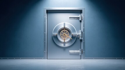 A secure vault door with a shiny metallic finish, illuminated against a blue wall, suggesting safety and protection.