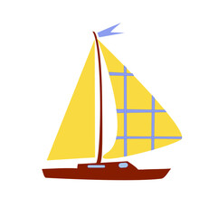 Yellow sails, brown yacht with flag, blue illuminators on white background. Vector illustration. Sea elements for greeting cards, decoration, magazines, banners, menu, patterns and designs