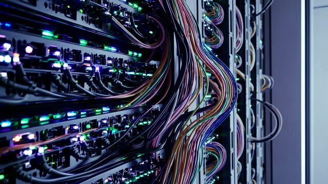 Low-angle shot of a server room with colorful cables and LED lights, creating a futuristic tech video concept in a modern style.
