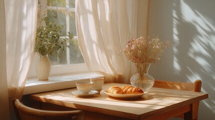 A cozy breakfast setting with a wooden table, flowers in vases, and sunlight casting soft shadows through sheer curtains.