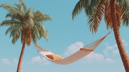 A hammock sways gently between two palm trees against a bright blue sky with fluffy clouds, evoking a sense of relaxation and tranquility.