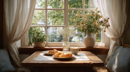 A cozy table setting by a window with pastries, coffee, and fresh flowers, creating a warm and inviting atmosphere.