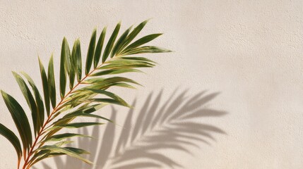 A palm leaf casts a soft shadow on a textured background, creating a serene and natural aesthetic.