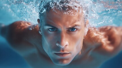Dramatic underwater portrait of a focused male swimmer, captured with bubbles and blue tones creating a sense of intensity and motion.
