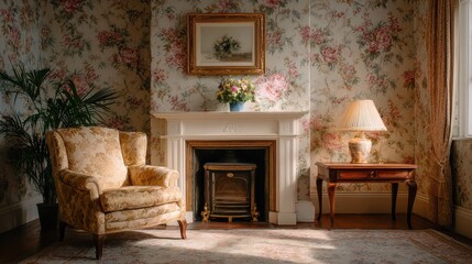 Cozy interior featuring floral wallpaper, vintage furniture, a fireplace, and soft lighting, creating an inviting atmosphere.