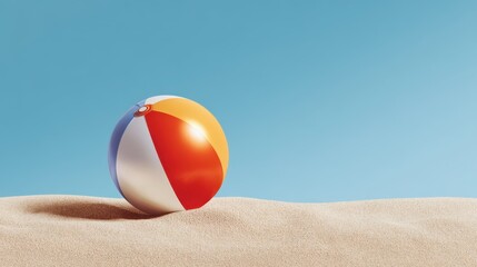 A colorful beach ball rests on golden sand under a clear blue sky, evoking a cheerful summer vibe.