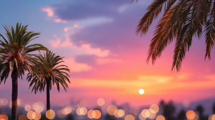A vibrant sunset with palm trees silhouetted against a colorful sky, creating a serene and tropical atmosphere.
