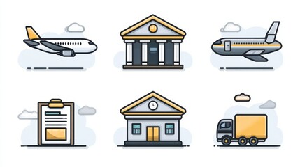 Icons representing transportation, buildings, and logistics in a modern design with clouds in the background.
