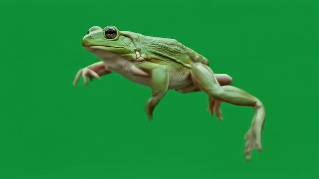 Green Frog Leaping, Isolated on Green Backdrop