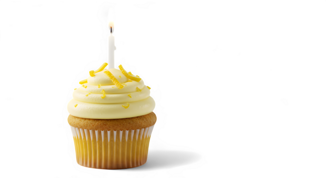 Delicious Lemon Cupcake with Lit Candle, Festive Sprinkles, and Sweet Frosting.