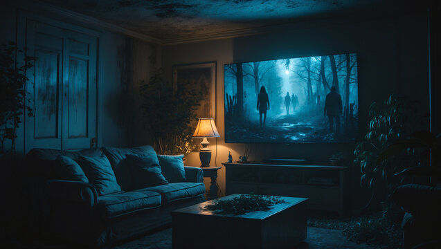 Eerie Living Room with TV Glow at Night