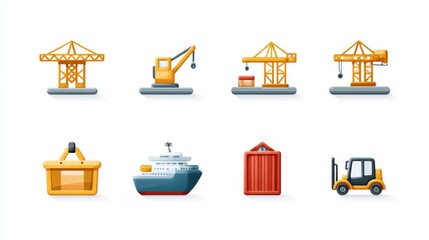 Icons of construction equipment, including cranes, a cargo ship, and a forklift, depicted in a colorful, modern style.