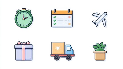 Icons representing time management, planning, travel, gifting, and delivery in a clean, modern style.