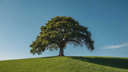 Fototapeta premium Majestic tree stands tall on a grassy hill.