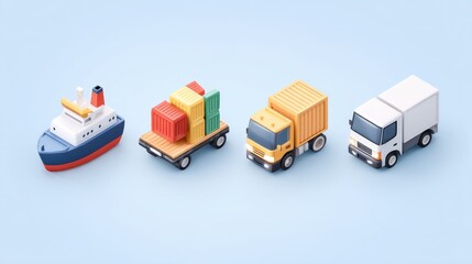 Transport vehicles including a ship, cargo truck, and delivery truck against a blue background, showcasing logistics and shipping themes.