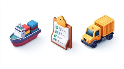 Shipping icons featuring a container ship, checklist, and delivery truck, representing logistics and transportation in a colorful design.