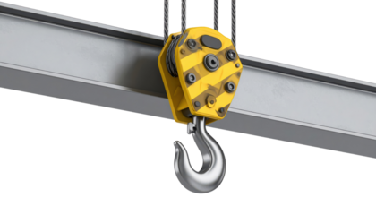 A yellow industrial crane hook attached to a steel beam, designed for heavy lifting operations.