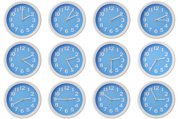 Twelve blue wall clocks with white frames showing 02:00 to 02:55 or 14:00 to 14:55 illustrating the...