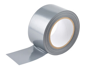 A roll of silver duct tape partially unrolled, showing its adhesive side.