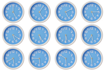 Twelve blue wall clocks with white frames showing 05:00 to 05:55 or 17:00 to 17:55 illustrating the...