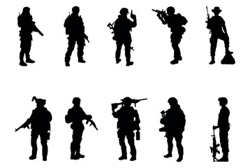 Set of Soldier and Army Force Silhouette in various poses isolated on white background