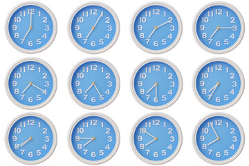 Twelve blue wall clocks with white frames showing 07:00 to 07:55 or 19:00 to 19:55 illustrating the...