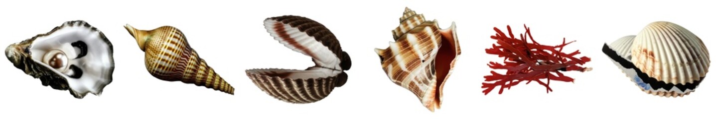 PNG collection of diverse seashells arranged in a linear collage.