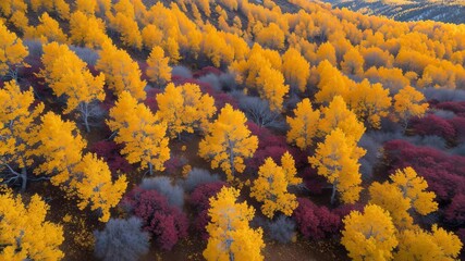 Autumn Landscapes: Aerial View of Yellow Fall Foliage and Maroon Bells in Colorado National Park