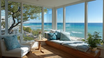 Fototapeta premium Contemporary interior design with minimalist sea view through clean, large horizontal glass window