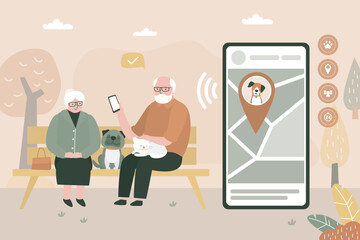 Old people with pets, elderly love couple sitting on bench with dog and cats. Senior citizens control for dog on mobile phone app. Pet tracking system, dog wearing GPS collar