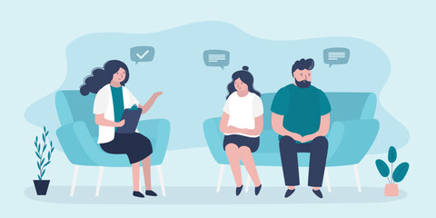 Couple decides mental problems on private counseling. Patients at psychological consultation. Male and female psychology, conflict between lovers. Psychotherapy.