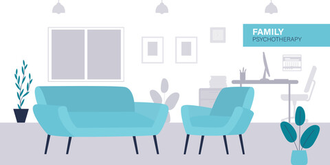 Psychologist office, cozy room with two sofa and armchair, window, paintings, bookshelf and potted plants. Family psychotherapy. Room interior concept