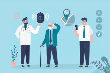 Senior GPS tracker, beneficial tool for keeping an eye on aging loved whereabouts. Doctor give tracker for elderly man, relative controlling grandfather on mobile phone app