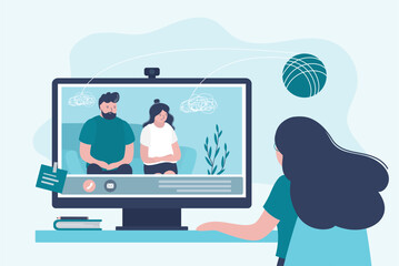 Couple decides mental problems on private online counseling. Online counseling. Patients at psychological consultation. Male and female psychology. Psychotherapy
