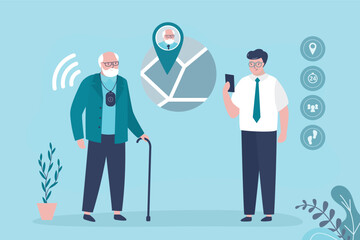  Aged man wearing tracker, adult son or relative controlling grandfather location on mobile phone app.
