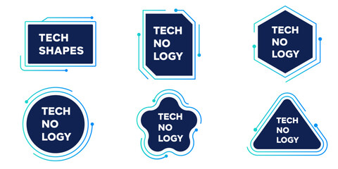 Techthemed shapes square, rectangle, hexagon, circle, star, triangle each features Tech No Logy or Tech Shapes text, modern design.