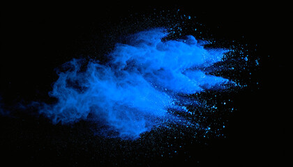 Blue powder explosion cloud on black background, vibrant blue dust particles splash, colorful powder burst effect, dynamic blue powder splash isolated, high-energy blue dust cloud, blue pigment explos