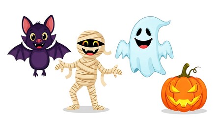 Obraz premium Adorable Halloween Characters Bat, Mummy, Ghost, and Pumpkin