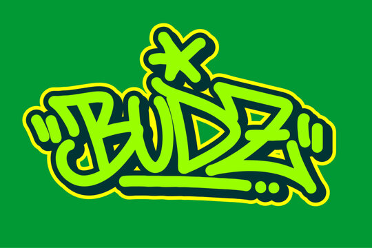 Graffiti tag of &ldquo;Budz&rdquo; in green with black and yellow outline on green background. Bold, vibrant street art style perfect for urban culture, hip hop visuals, and creative graffiti branding.
