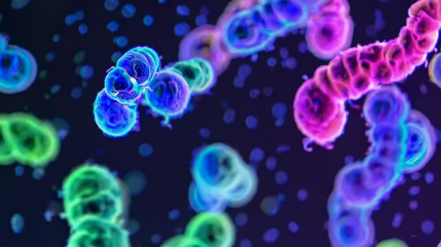 Close-up video of colorful, glowing bacteria in a microscopic view, showcasing a vibrant, abstract style with a dynamic, swirling camera angle.