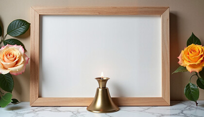 Elegant frame with candle and roses on marble table background  
