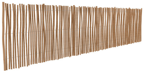 Natural Branch Garden Fence: A 3D render depicting a rustic fence made from numerous slender, irregular wooden branches or poles, bound together vertically