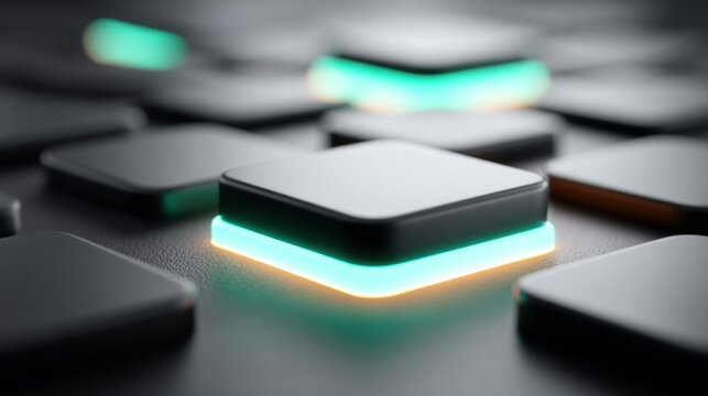 Abstract Futuristic Tech Interface with Neon Green and Orange Glowing Buttons